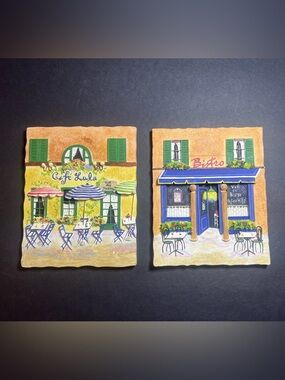 Set of 2 Anne Ormsby 3D Resin French Bistro & Cafe Lulu Tile Wall Hangers 5.5"